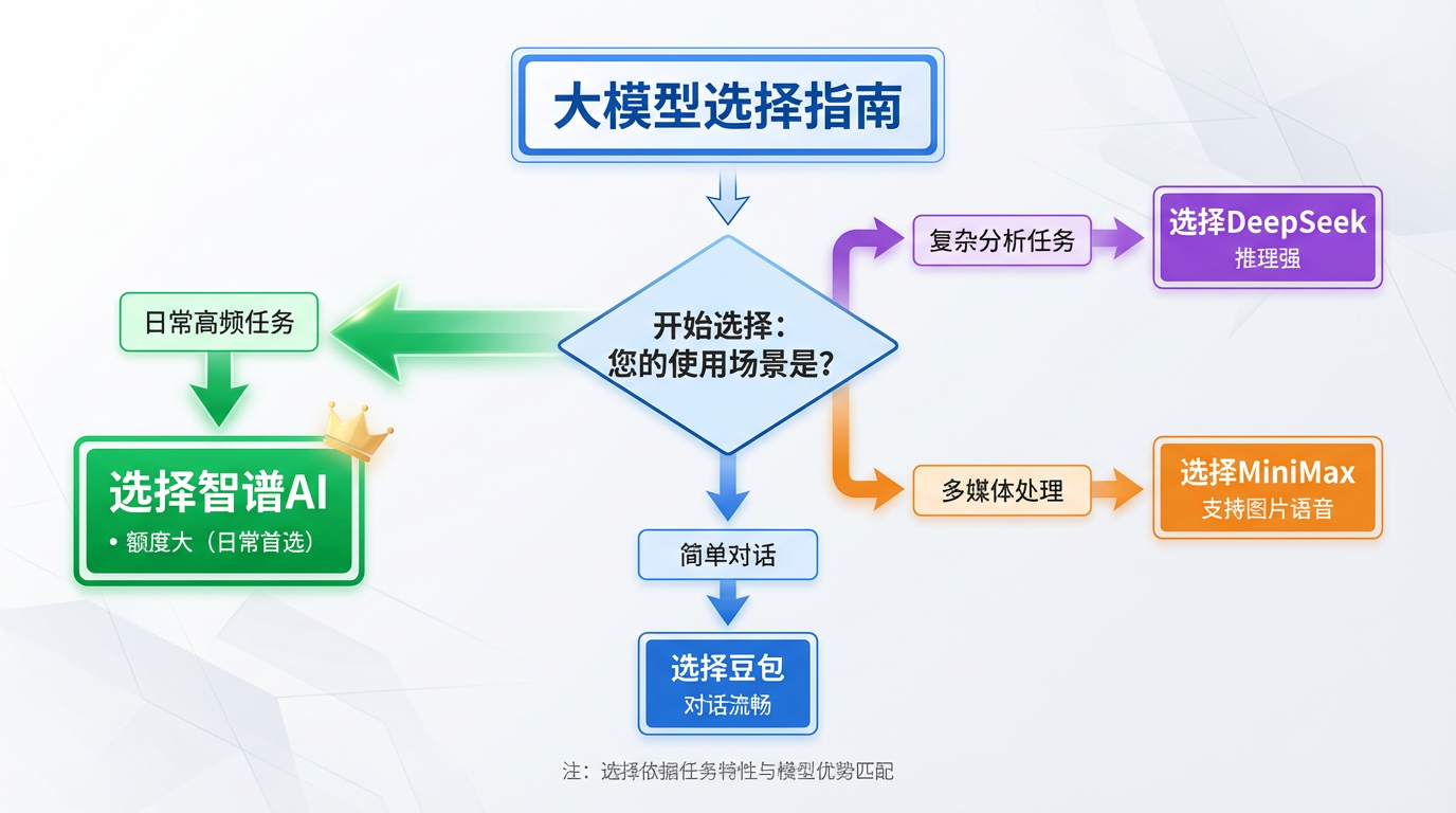 大模型选择指南流程图：展示不同使用场景下如何选择合适的大模型
