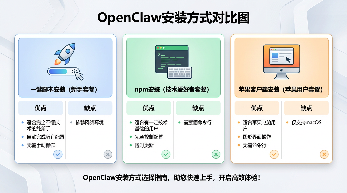OpenClaw安装方式对比图:展示一键脚本、npm安装、苹果客户端三种方式的优缺点对比